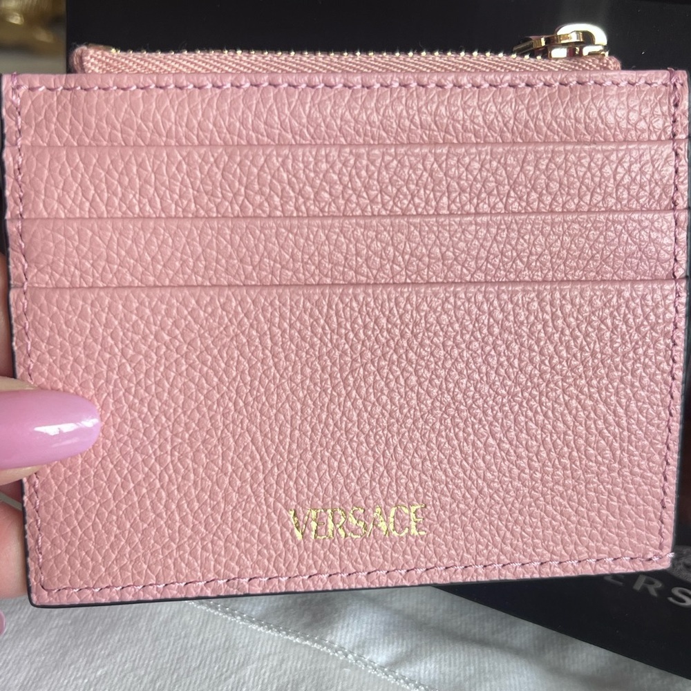 VERSACE Gold Metal Logo Virtus Calfskin Grain Pink Leather ID Card Coin Holder - Picture 6 of 12